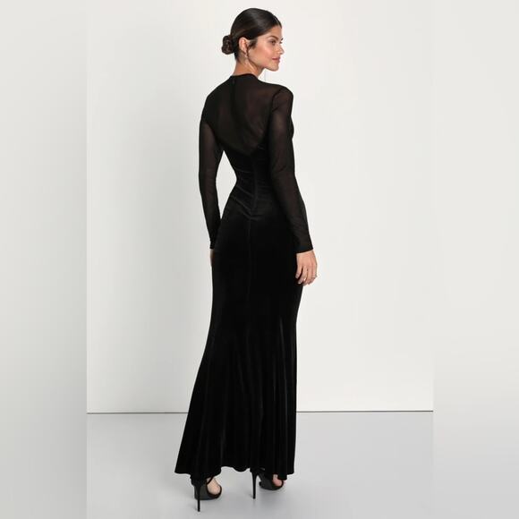 Lulus Alluring Fixation Black Velvet Mesh Long Sleeve Maxi Dress - Picture 3 of 8